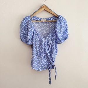 & Other Stories Blue Floral Puff Sleeve Wrap Top